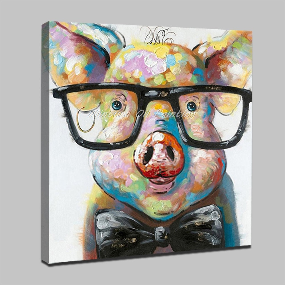 Mintura, håndmalt moderne tegneserie Animal Oil Maleri på lerret, piggy iført briller veggkunst for stue hjem dekorasjon