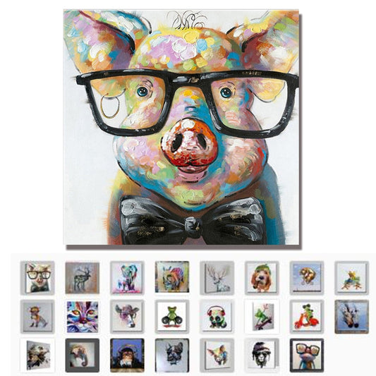 Mintura,Hand-Painted Modern Cartoon Animal Oil Painting On Canvas,Piggy Wearing Glasses Wall Art For Living Room Home Decoration