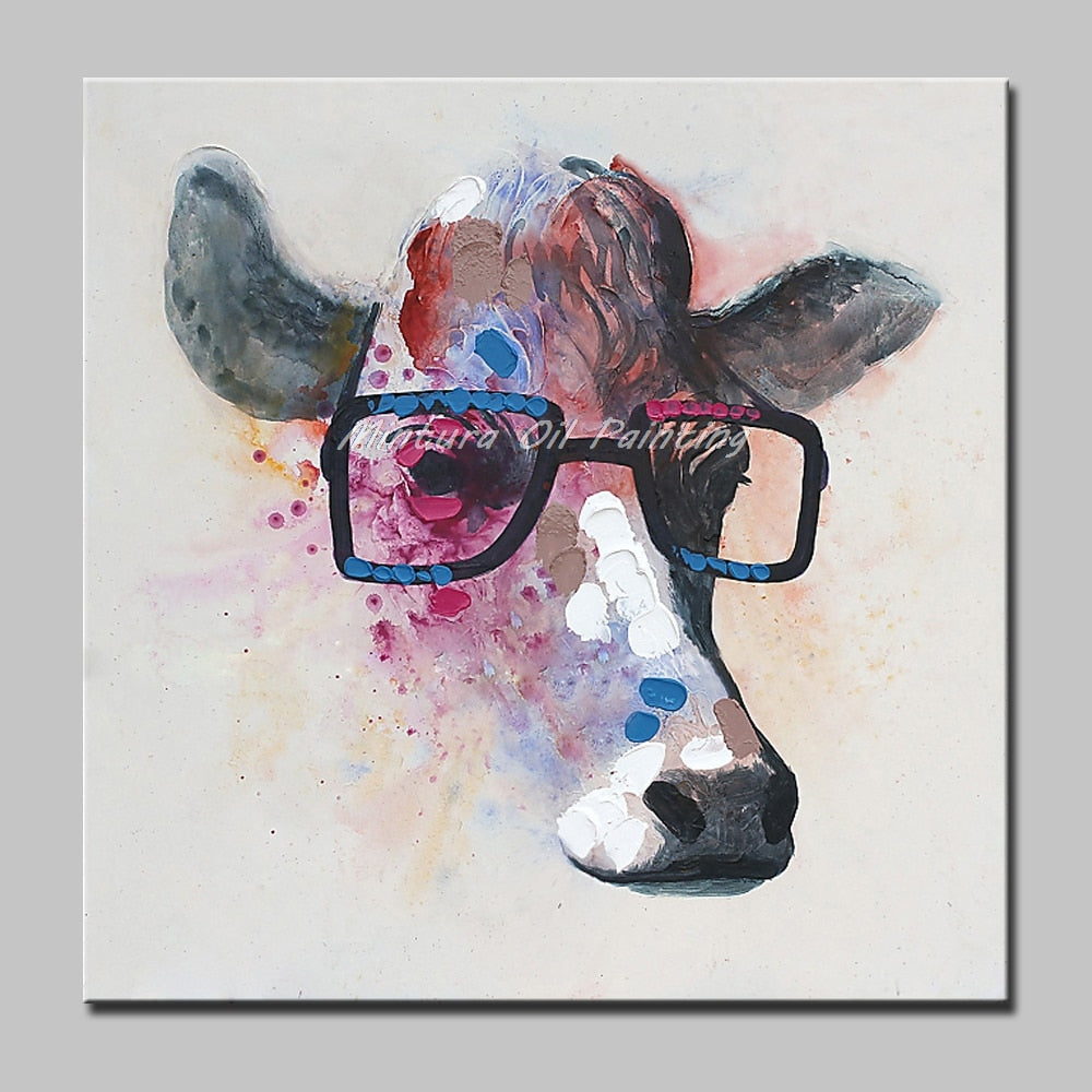 Mintura, dipinto a mano di pittura per olio animale da cartone animato su tela, mazzetto che indossa gli occhiali arte da parete per soggiorno decorazione per la casa