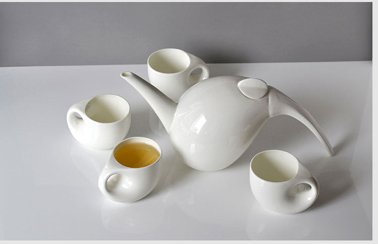 Set de té y copa de porcelana de hueso blanco liso, forma de caída de agua, juego de cinco piezas, juego de té inglés, tetera para té, juego de café de cerámica