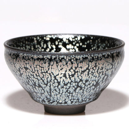 Jianzhan Vintage Cup for Tea Tenmoku Tea Cup Bowl Oil Drop Pattern Glaze Silver in Black Top Grade Handworks