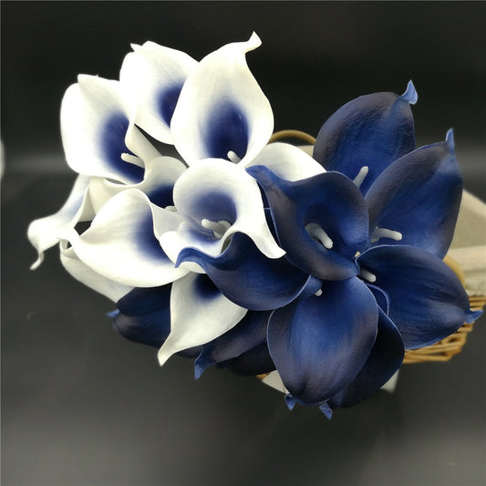 10 زنابق كالا باللون الأزرق الداكن PU Real Touch Flowers زينة الزفاف باقات مركزية زهور اصطناعية وهمية ديكور منزلي