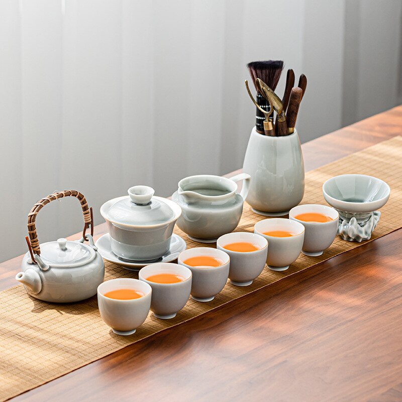 קרח אפור זיגוג קונג פו תה משרד ביתי קרמיקה קומקום ידית תה כוס תה מגש תה צמח סיר תה אפור וכוס סט תה יוקרה