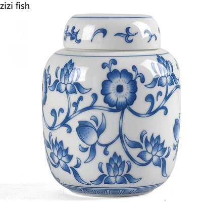 Porcelana azul e branca jarra de chá caddy cerâmica selada jar chá caixa