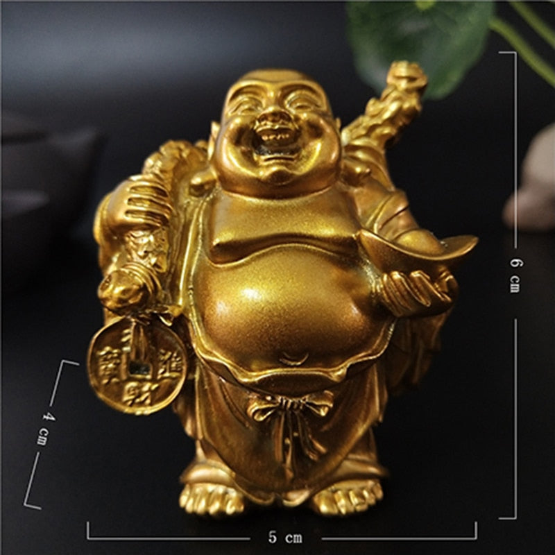 Estátua de Buda de Golden Risos chineses feng shui dinheiro sortudo maitreya buda escultura estatuetas estátuas de decoração de jardim em casa