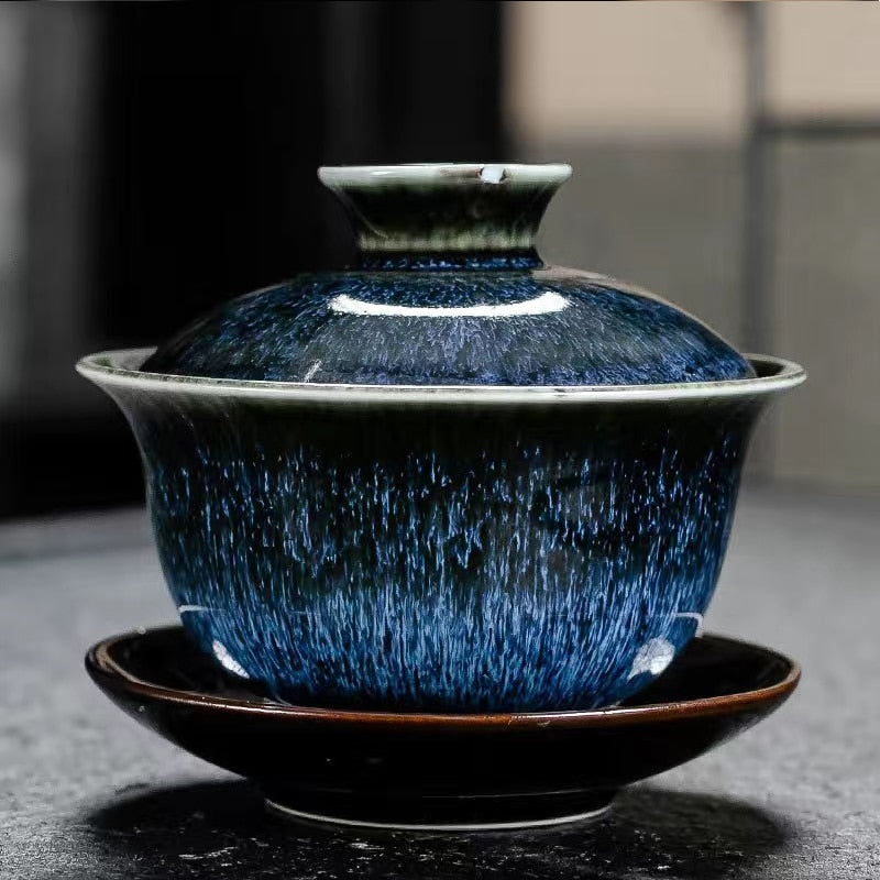 Keramik Gaiwan Jingdezhen Chinesisches Kungfu Teeset Drei Talente Teeschale Große Teetasse Untertasse Set Home Teebereiter Teezeremonie Geschenk