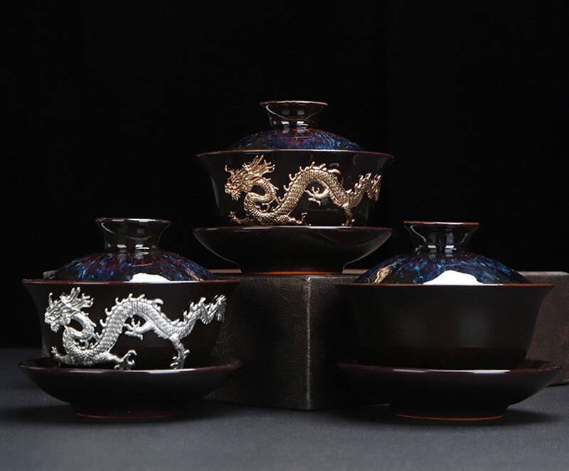 Dragon Silver Conquitir té treenen hecha a mano té para el té para el tazón de tazón de horno con oro dragón dragón gaiwán