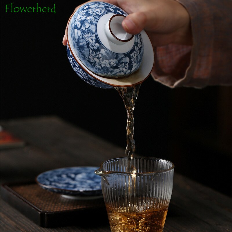파란색과 흰색 도자기 가이완 찻 주송 찻잔 쿵푸 푸 푸 티 세트 세라마 흰색 도자기 Tureen Gaiwan Handpainted Tea Sets China