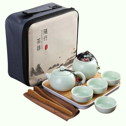 Tragbares Reise-Kung-Fu-Teeset aus Keramikporzellan, Teegeschirr, Teekanne und Tassenset, Teedose, Aufbewahrungstasche, eine Teekanne, vier Teetassen