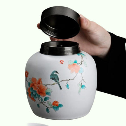 Rhododendron-Vogel-Keramik-Teedose mit Metall-/Holzdeckel, versiegeltes Glas, Vorratstank, Teebehälter, Lebensmittelaufbewahrungsbox, Dekoration, Bonbonglas