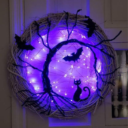 Halloween -krans Lys op Accessorie Ornamenter Black Bat Cat Spooky Party Crath With Light Glowing Garland til hoveddørsvæg