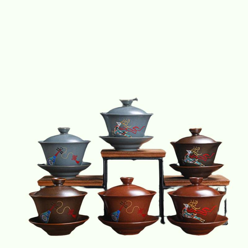 Retro Seramik Gaiwan Ahşap Fired Antik Çömlek Çay Bowl Pipa Geyik Desen Çay Kupası Kungfu TeAware Mutfak İçme Aracı 190ml