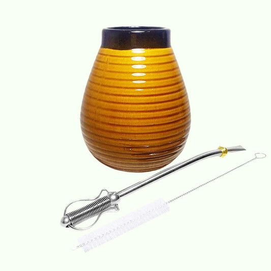 1 PC/Lot Yerba Mate Gourds Emboss Stripe Ceramic Calabash Cups With Bombilla Filter Straw And Cleaning Brush