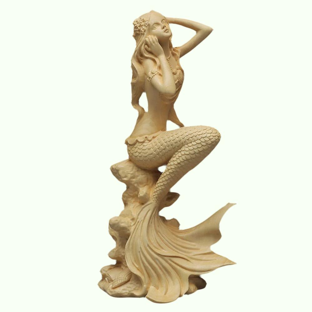 Handgeschnitzte Meerjungfrau-Statue aus Holz, moderne Kunstskulptur, niedliche Wohndekorationsaccessoires, Figuren aus massivem Holz 