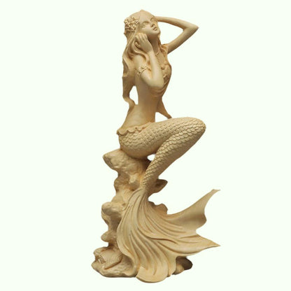 Ručně vyřezávaná dřevěná socha mořské panny ， sochařství moderního umění, roztomilé domácí dekorace, figurky z masivního dřeva