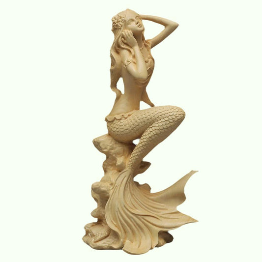 Hand carved wooden mermaid statue，Modern art sculpture, Cute home decoration accessories,Solid wood figurines