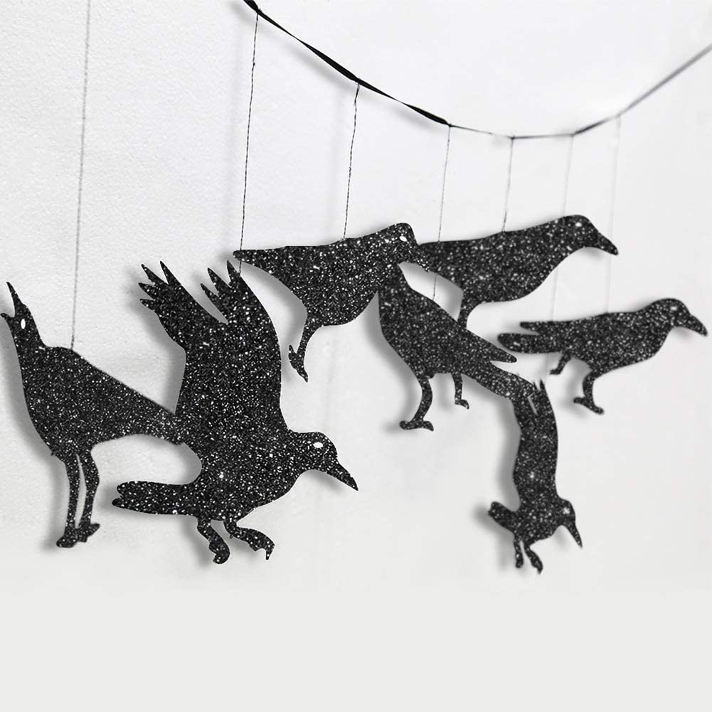 32pcs Paper Glitter Black Crow Bird Garlands For Halloween Themed Party Decoration Flying Hanging Halloween Tree Crow Banners