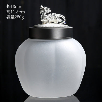 Translucent Glass Jar Tea Caddy Animal Cover Decorative Jar Sealed Jars Thickened Glass Tea Box Home Storage Tank Tea Organizer