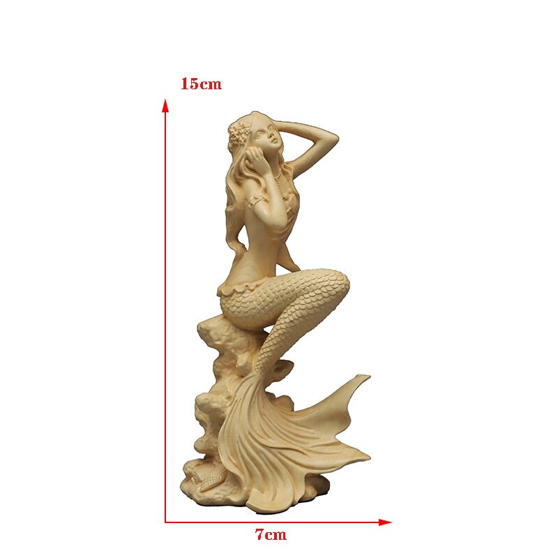Estatua de sirena de madera tallada a mano, escultura de arte moderno, accesorios de decoración del hogar lindos, figuras de madera maciza