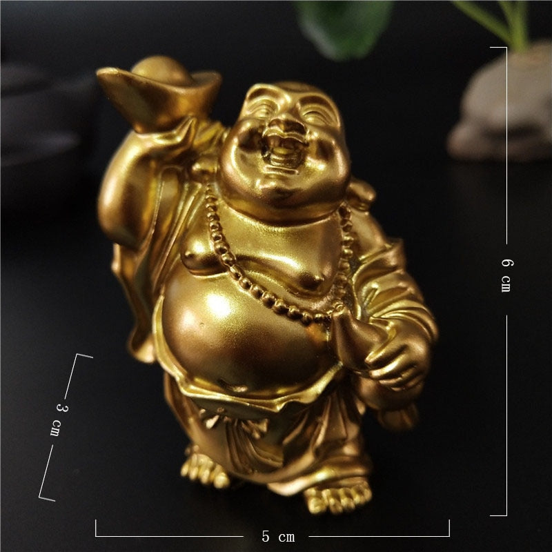 Goldene lachende Buddha-Statue, chinesisches Feng Shui, Glücksgeld, Maitreya-Buddha-Skulptur, Figuren, Heimgarten-Dekoration, Statuen 