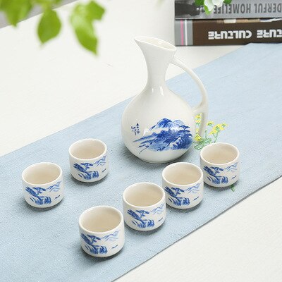 Ceramic Wine Set Japanese Style Blue and White Bamboo 1 Pot 6 Cups White Drinkware Bar Decoration Household Kitchen Supplies
