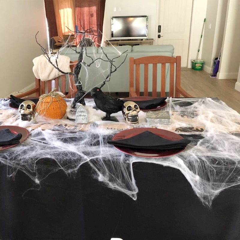 Hvit stretchy spindelvev kunstig edderkopp web halloween dekorasjon skummel fest scene rekvisitter skrekk hus hjemme dekoratilbehør