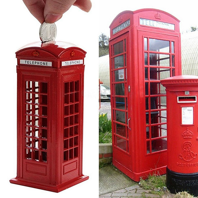 Metal Red British English London Telefone Bank Bank Bank Saving Pot Piggy Bank Red Telefon Booth 140x60x60mm