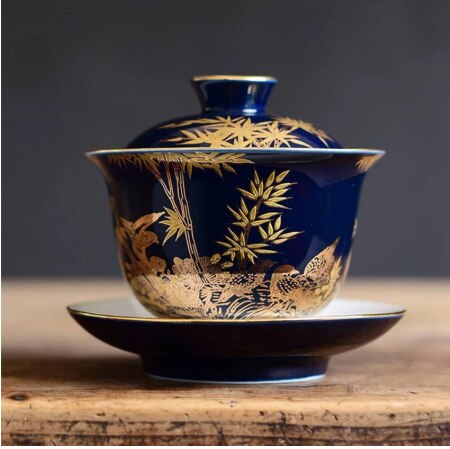 Croquis bleu gaiwan porcelaine glaçure bleue Chine tasse bol soucoupe soupière chinoise en céramique kungfu service à thé bols à thé couvercle