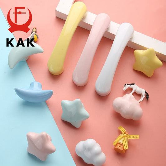 KAK Keramik-Cartoon-Möbelknöpfe für Kinderzimmer, Schubladen, Schrankgriffe für Schränke, bunte Wolkensterne, Küchengriff-Hardware 