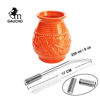 1 PC/Lot Yerba Mate Cups Ceramic Gourds 250 ml Emboss Calabash Pattern Inkluder Bombilla Filter Straw Cleaning Brush