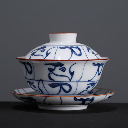 Porcelana azul e branca Gaiwan Teacup Teacup Kung Fu Conjunto de chá de porcelana branca de cerâmica Treureen Gaiwan Conjuntos de chá pintados à mão China