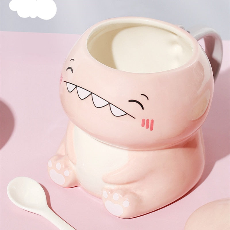 Tasse à café en céramique de dinosaure mignon de 450ml, avec cuillère, verres créatifs peints à la main, tasses de thé au lait, cadeaux de nouveauté