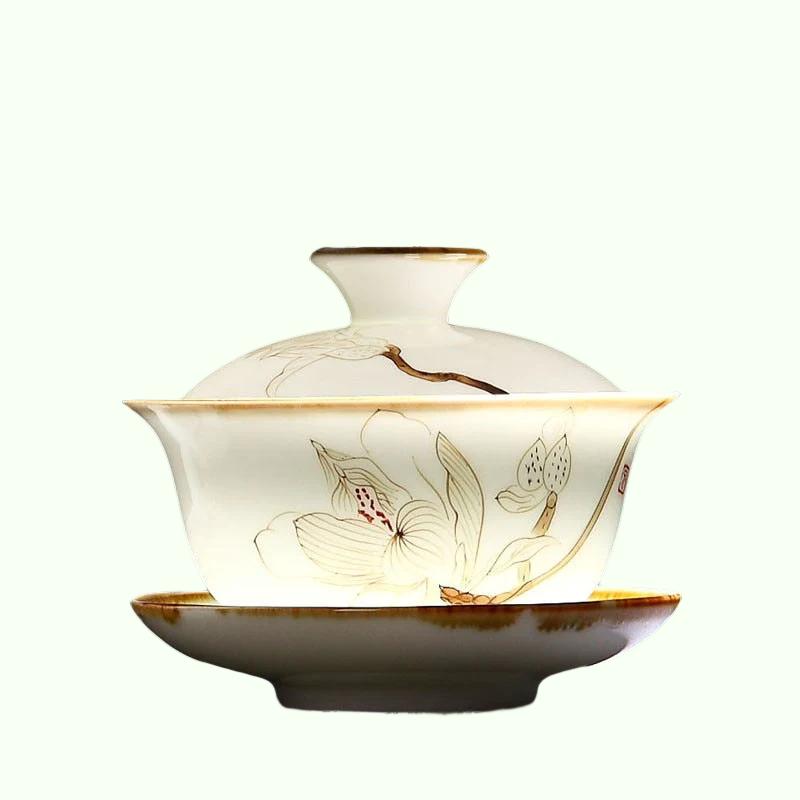 Retro handgeschilderd bloempatroon keramische gaiwan theekop handgemaakte thee tureen bowl chinees porselein theeware drinkware 120 ml