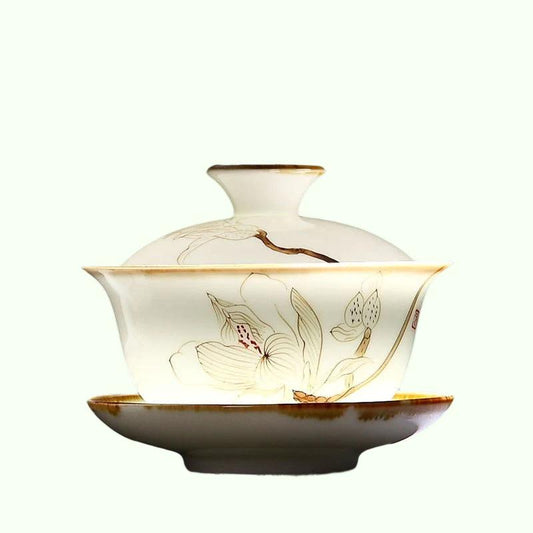 Retro Handbemaltes Blumenmuster Keramik Gaiwan Teetasse Handgemachte Teeterrine Schüssel Chinesisches Porzellan Teegeschirr Trinkgeschirr 120ml