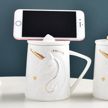 Nydelig lettelse enhjørning kaffekrus med mobiltelefonholder lokk søt vann te keramisk melk frokostkopp kreativ gave