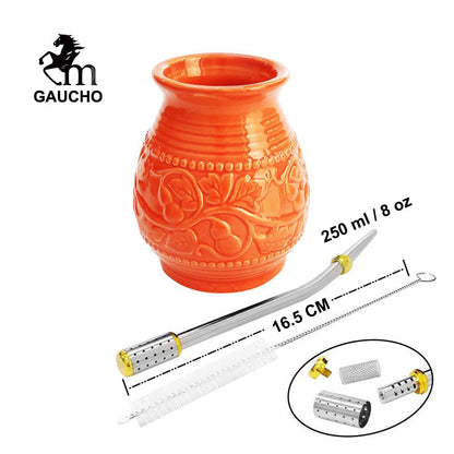 1 PC/Lot Yerba Mate Cups Ceramic Gourds 250 ml Emboss Calabash Mönster Inkludera Bombilla Filter Straw Cleaning Brush