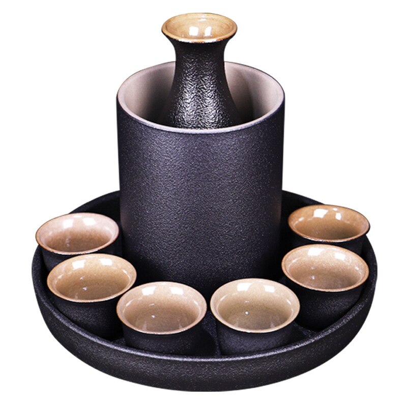 Keramik-Sake-Topf im japanischen Stil, Tassen-Set, schwarze Keramik, Likör- und Weinflaschenbecher, Tablett