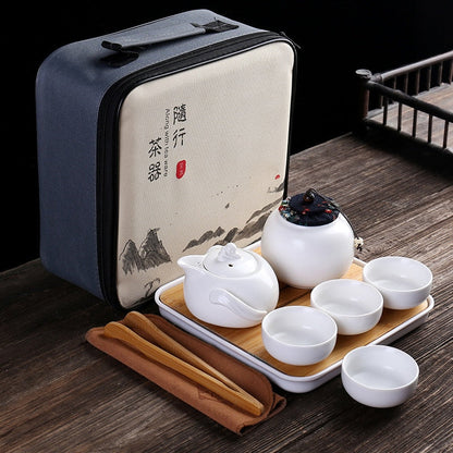 Bærbar keramisk porselen Travel Kung Fu Tea Set Teaware Tea Pot and Cup Set Tea Caddy Storage Bag One Teapot Four Teacup