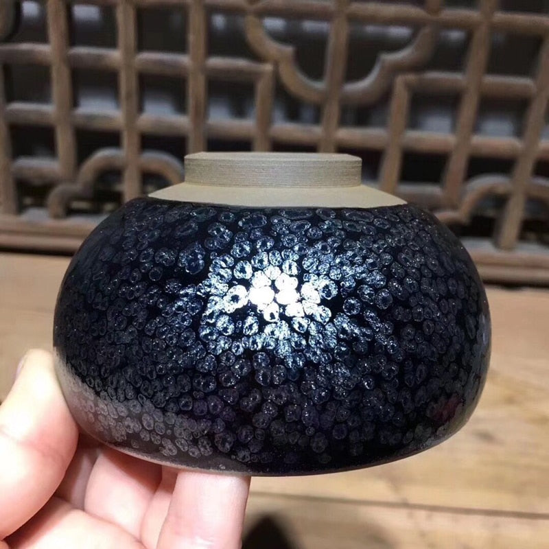Jianzhan 중국 전통 기술 Tenmoku Tea Bowl Sky Eye Drinkware Matcha Chawan Bowl 오일 스팟 일본 차기구 수제