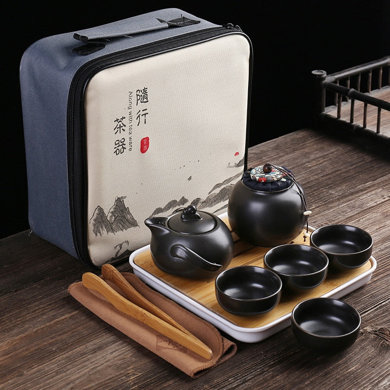 Service à thé Kung Fu Portable en céramique et porcelaine, service à thé de voyage, service à thé et tasses, caddie à thé, sac de rangement, une théière, quatre tasses à thé