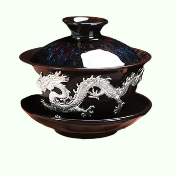Dragon Silver Inlaid Tea Tureen Hand Made Household Tea Drinkware Bowl  Kiln Change With Gold Dragon Gaiwan
