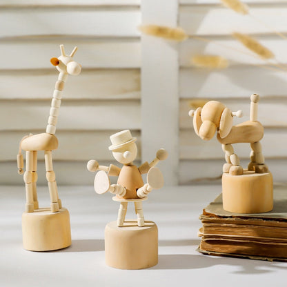 Tecknad träkonstverk rörligt marionett desktop figurinprydnader clown häst giraff hund staty hantverk leksaksgåvor hem dekoration