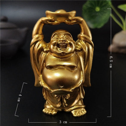 Estatua de buda de risa dorada feng shui afortunado dinero maitreya buddha figuras de escultura estatuas de decoración del jardín en el hogar