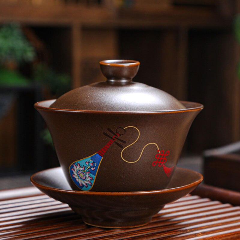 Retro seramik Gaiwan kayu yang dipecat tembikar Teh Teh Pipa Pipa Corak Teh Piala Kungfu Teaware Alat Minum 190ml