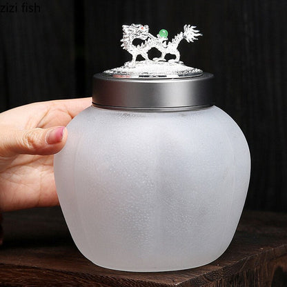 Té de jarro de vidrio translúcido Caddy Vida de animales Jares decorativos Jares sellados Caja de té de vidrio espesado Organizador de té del tanque de almacenamiento