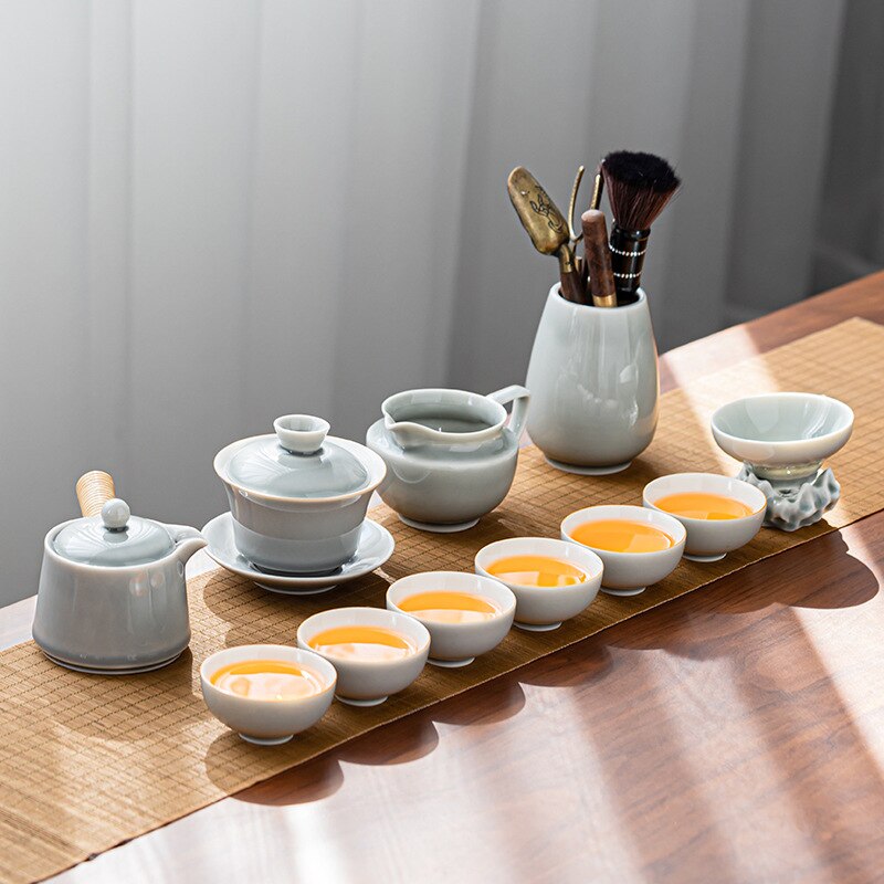 Ais kelabu glaze kung fu teh set home office seramik teko mengendalikan cawan teh teh dulang tumbuhan teh kelabu periuk dan cawan set teh mewah set