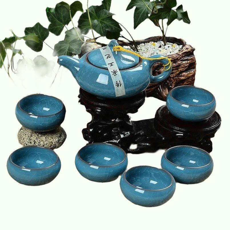 Service à thé Kung Fu en céramique et porcelaine, ensemble de 6 tasses à thé et théière en argile violette, service à thé coloré avec glaçage craquelé