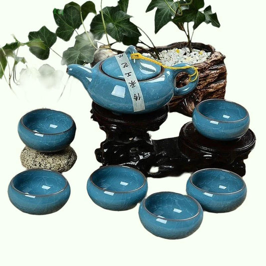 Kung-Fu-Teeset aus Keramikporzellan, Teegeschirr, Teetassen-Set, 6 Stück, Teekanne und Tassen-Set, lila Ton, buntes Eis, rissige Glasur, Teeset