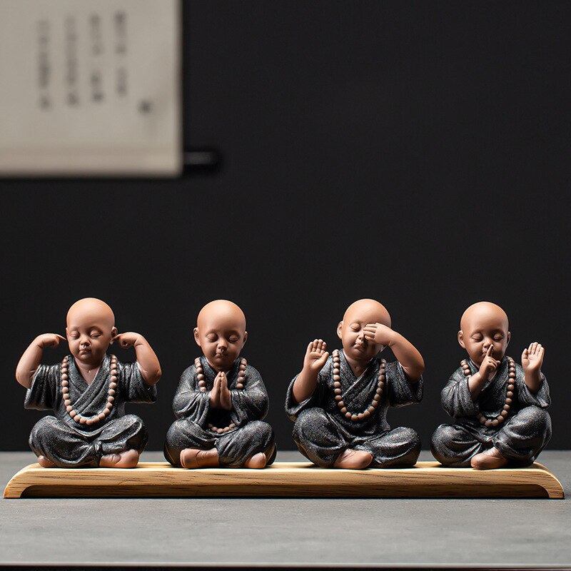 Mongas budistas de cerâmica preta Figuras em miniatura Buda estátua escultura de fadas Ornamentos de meditação Jardim Decoração do Jardim Docor