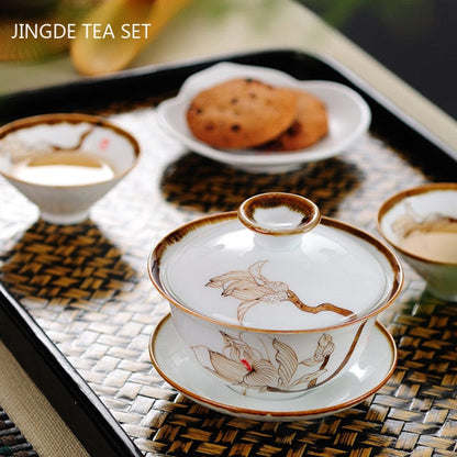 Retro Hand Painted Flower Pattern Ceramic Gaiwan Teacup Handmade Tea Tureen Bowl Chinese Porcelain Teaware Drinkware 120ml